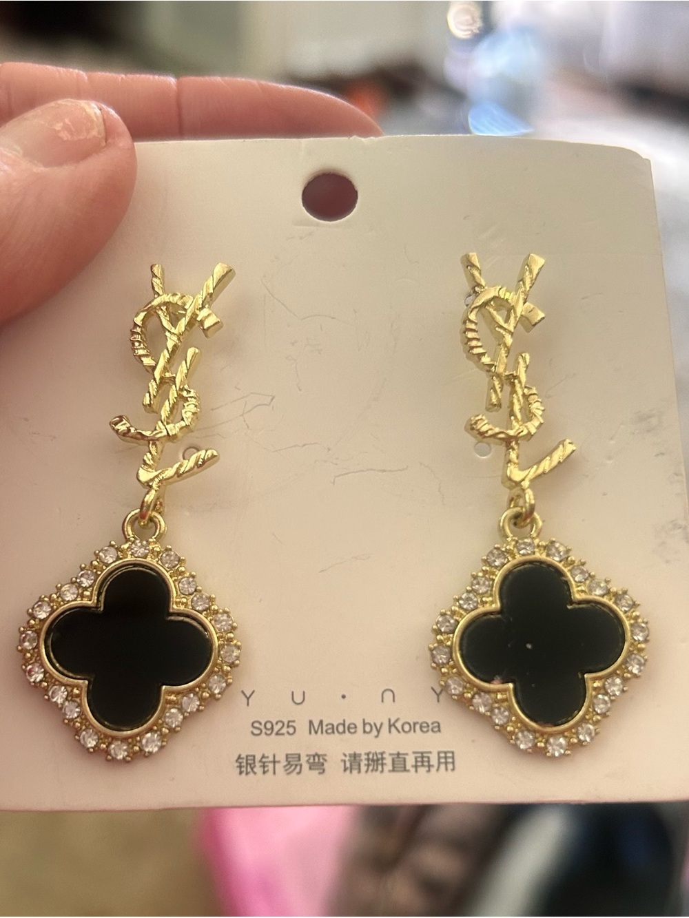 Gold Black Clover Drop Earrings with Crystal Halo, FASHION JEWELRY, NEW